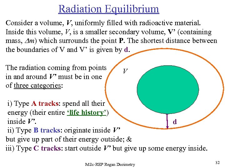 Radiation Equilibrium Consider a volume, V, uniformly filled with radioactive material. Inside this volume,