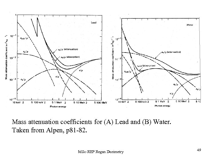 Mass attenuation coefficients for (A) Lead and (B) Water. Taken from Alpen, p 81