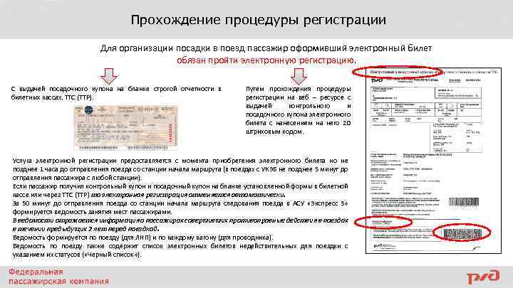 Прохождение процедуры регистрации Для организации посадки в поезд пассажир оформивший электронный билет обязан пройти