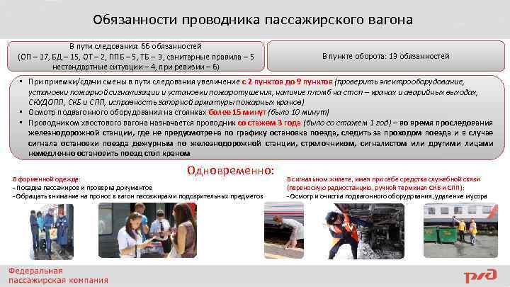 Обязанности проводника пассажирского вагона В пути следования: 66 обязанностей (ОП – 17, БД –