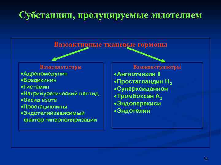 Субстанции, продуцируемые эндотелием Вазоактивные тканевые гормоны Вазодилататоры ·Адреномедулин ·Брадикинин ·Гистамин ·Натрийуретический пептид ·Оксид азота