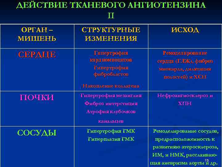 ДЕЙСТВИЕ ТКАНЕВОГО АНГИОТЕНЗИНА II ОРГАН – СТРУКТУРНЫЕ ИСХОД МИШЕНЬ ИЗМЕНЕНИЯ СЕРДЦЕ Гипертрофия кардиомиоцитов Гипертрофия