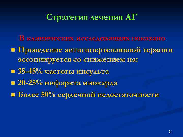 Стратегия лечения АГ В клинических исследованиях показано n Проведение антигипертензивной терапии ассоциируется со снижением