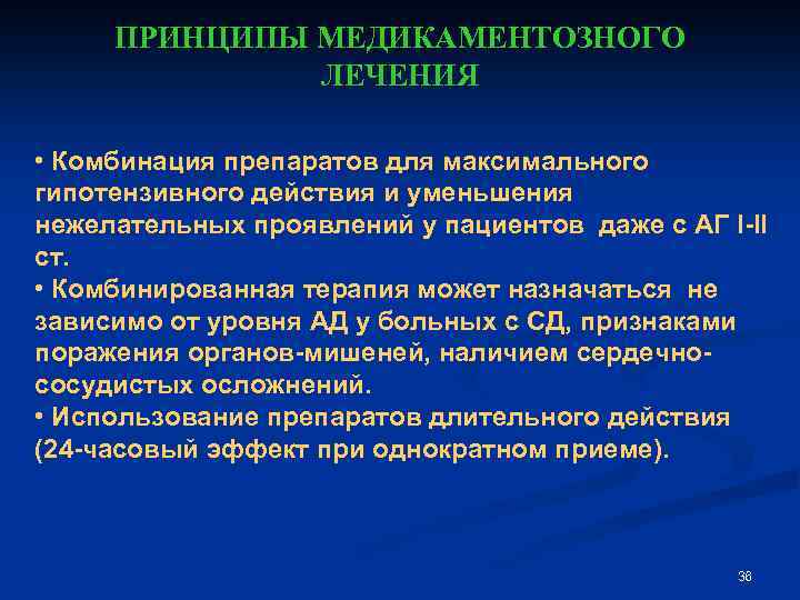 ПРИНЦИПЫ МЕДИКАМЕНТОЗНОГО ЛЕЧЕНИЯ • Комбинация препаратов для максимального гипотензивного действия и уменьшения нежелательных проявлений