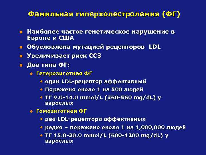 Фамильная гиперхолестролемия (ФГ) l Наиболее частое генетическое нарушение в Европе и США l Обусловлена