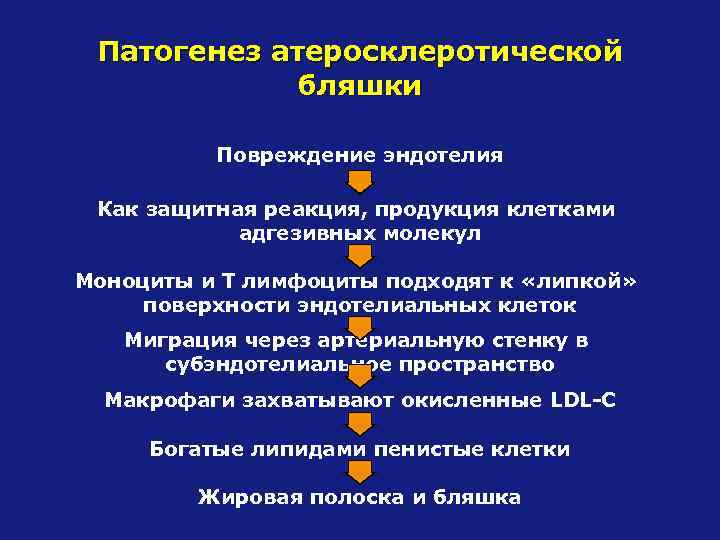 Патогенез атеросклеротической бляшки Повреждение эндотелия Как защитная реакция, продукция клетками адгезивных молекул Моноциты и