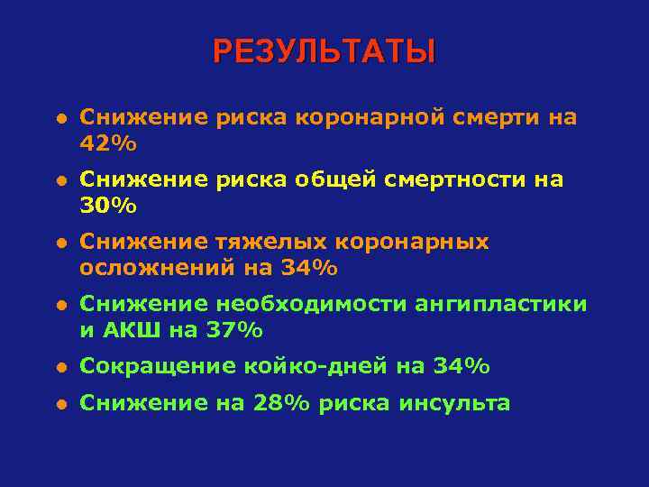 РЕЗУЛЬТАТЫ l Снижение риска коронарной смерти на 42% l Снижение риска общей смертности на