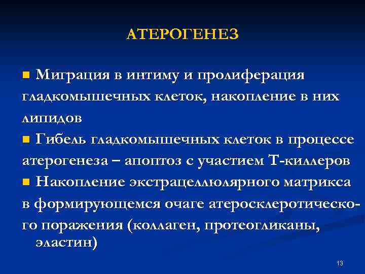 АТЕРОГЕНЕЗ Миграция в интиму и пролиферация гладкомышечных клеток, накопление в них липидов n Гибель