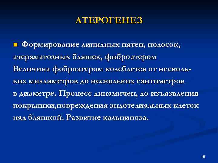 АТЕРОГЕНЕЗ Формирование липидных пятен, полосок, атераматозных бляшек, фиброатером Величина фоброатером колеблется от нескольких миллиметров