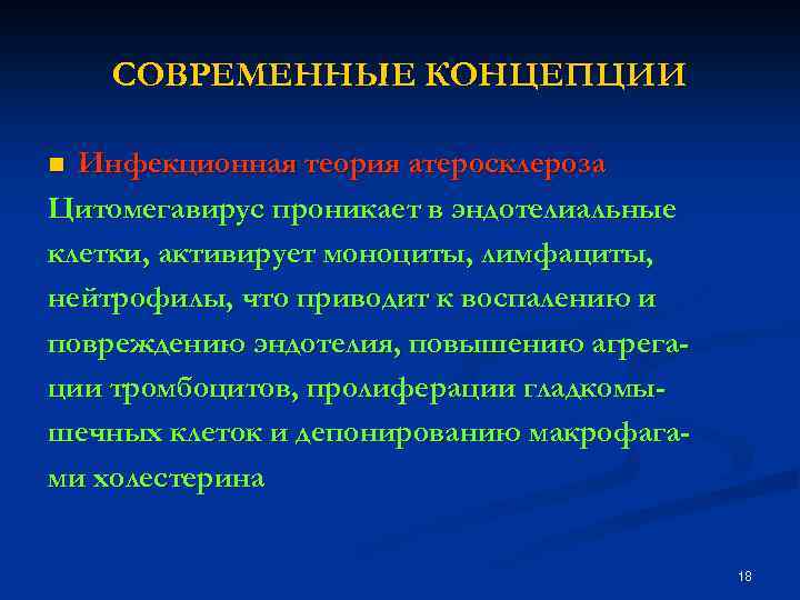 СОВРЕМЕННЫЕ КОНЦЕПЦИИ Инфекционная теория атеросклероза Цитомегавирус проникает в эндотелиальные клетки, активирует моноциты, лимфациты, нейтрофилы,