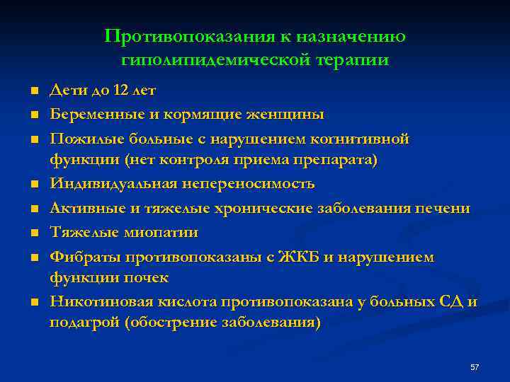 Противопоказания к назначению гиполипидемической терапии n n n n Дети до 12 лет Беременные