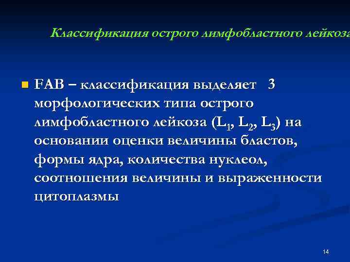 Классификация острого лимфобластного лейкоза n FAB – классификация выделяет 3 морфологических типа острого лимфобластного