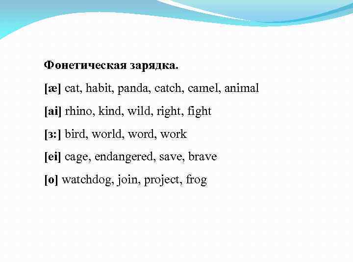 Фонетическая зарядка. [æ] cat, habit, panda, catch, camel, animal [ai] rhino, kind, wild, right,