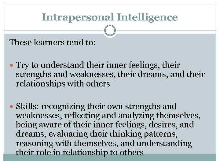 Intrapersonal Intelligence These learners tend to: Try to understand their inner feelings, their strengths