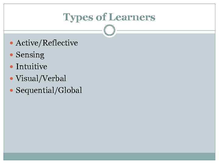 Types of Learners Active/Reflective Sensing Intuitive Visual/Verbal Sequential/Global 