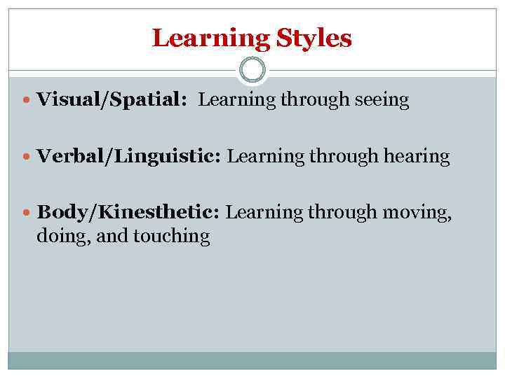 Learning Styles Visual/Spatial: Learning through seeing Verbal/Linguistic: Learning through hearing Body/Kinesthetic: Learning through moving,