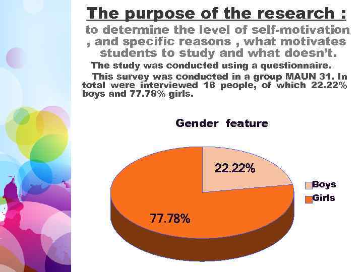 The purpose of the research : to determine the level of self-motivation , and