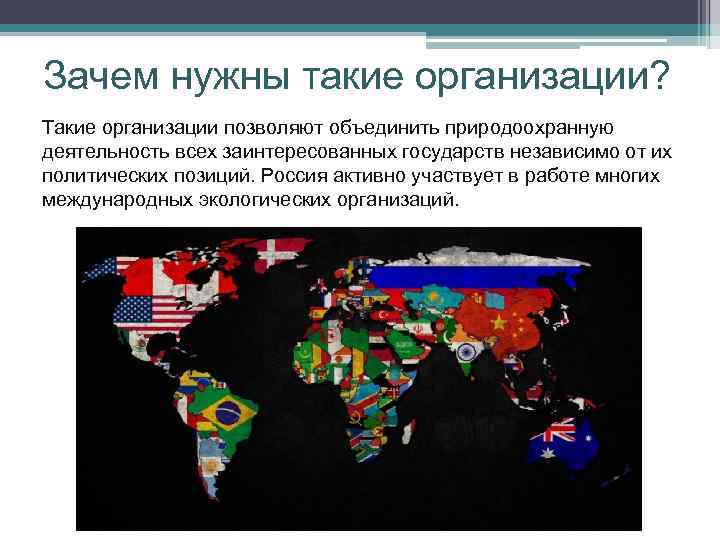 Зачем нужны такие организации? Такие организации позволяют объединить природоохранную деятельность всех заинтересованных государств независимо