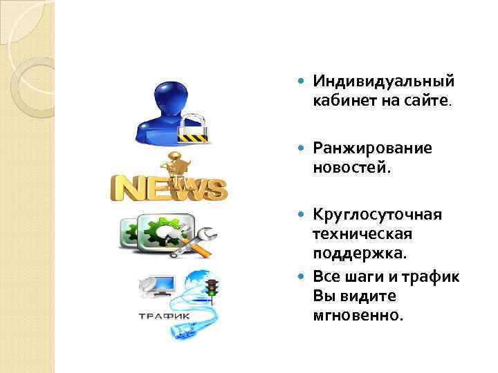  Индивидуальный кабинет на сайте. Ранжирование новостей. Круглосуточная техническая поддержка. Все шаги и трафик