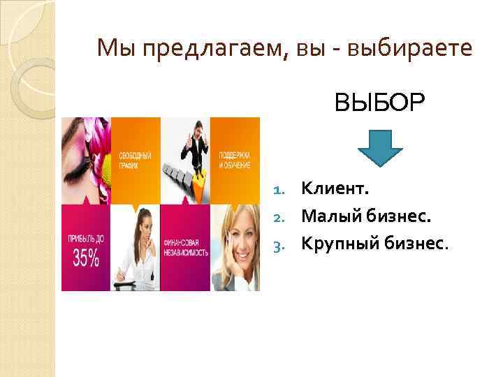 Мы предлагаем, вы - выбираете ВЫБОР Клиент. 2. Малый бизнес. 3. Крупный бизнес. 1.