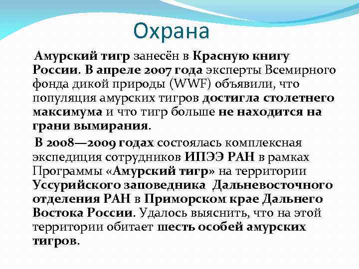 Охрана Амурский тигр занесён в Красную книгу России. В апреле 2007 года эксперты Всемирного