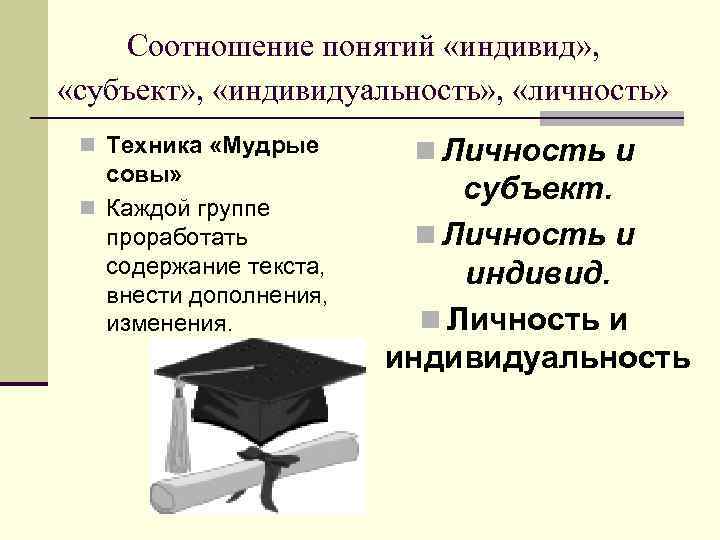 Соотношение понятий «индивид» , «субъект» , «индивидуальность» , «личность» n Техника «Мудрые совы» n