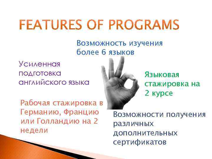 Возможность изучения более 6 языков Усиленная подготовка английского языка Рабочая стажировка в Германию, Францию