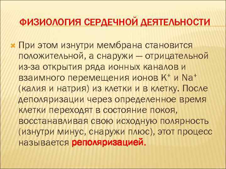 ФИЗИОЛОГИЯ СЕРДЕЧНОЙ ДЕЯТЕЛЬНОСТИ При этом изнутри мембрана становится положительной, а снаружи — отрицательной из-за