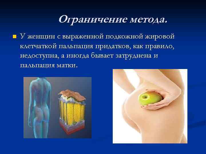 Ограничение метода. n У женщин с выраженной подкожной жировой клетчаткой пальпация придатков, как правило,