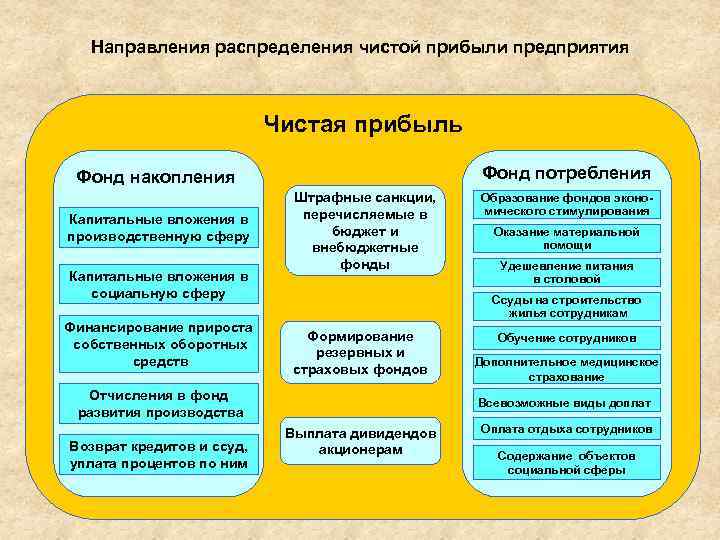 Направления распределения чистой прибыли предприятия Чистая прибыль Фонд потребления Фонд накопления Капитальные вложения в