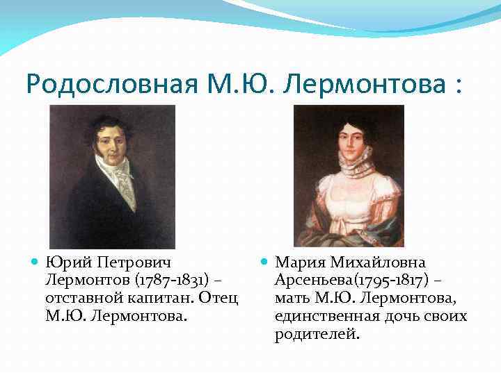 Родословная М. Ю. Лермонтова : Юрий Петрович Лермонтов (1787 -1831) – отставной капитан. Отец