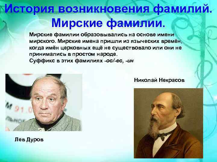 История возникновения фамилий. Мирские фамилии образовывались на основе имени мирского. Мирские имена пришли из