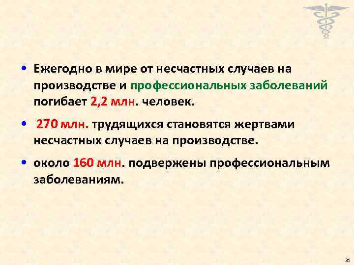  • Ежегодно в мире от несчастных случаев на производстве и профессиональных заболеваний погибает