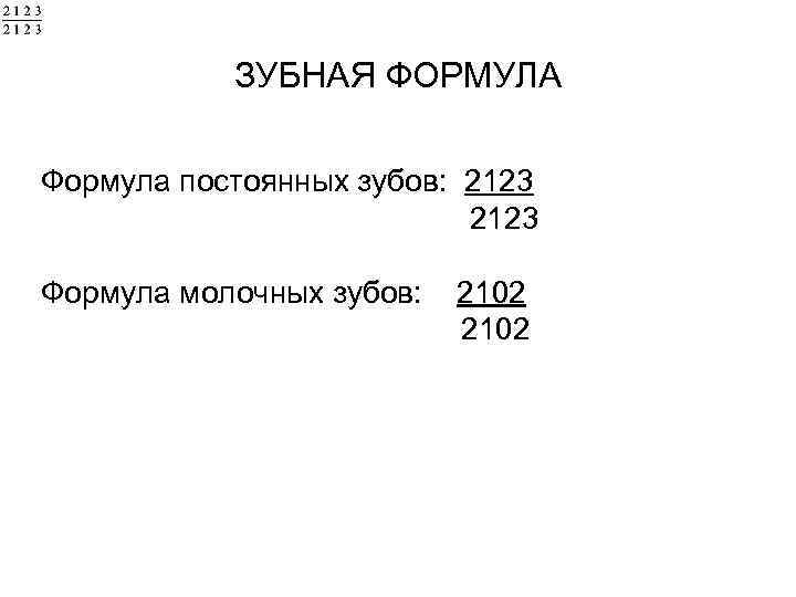 ЗУБНАЯ ФОРМУЛА Формула постоянных зубов: 2123 Формула молочных зубов: 2102 