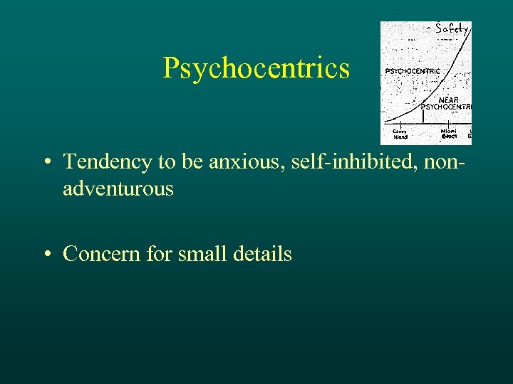 Psychocentrics • Tendency to be anxious, self-inhibited, nonadventurous • Concern for small details 
