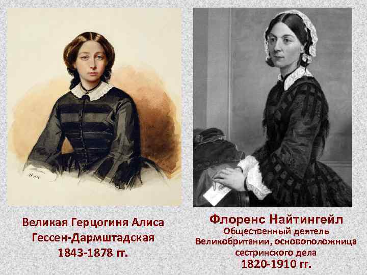 Великая Герцогиня Алиса Гессен-Дармштадская 1843 -1878 гг. Флоренс Найтингейл Общественный деятель Великобритании, основоположница сестринского