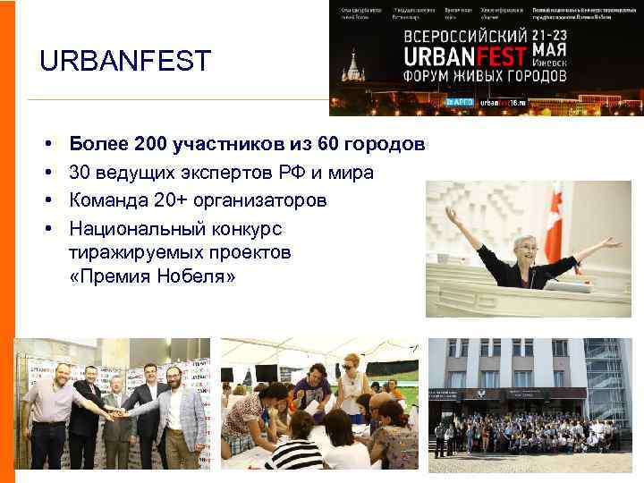 URBANFEST • • Более 200 участников из 60 городов 30 ведущих экспертов РФ и