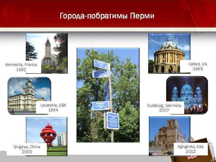 Города-побратимы Перми Oxford, UK 1995 Amneville, France 1992 Louisville, USA 1994 Qingdao, China 2003