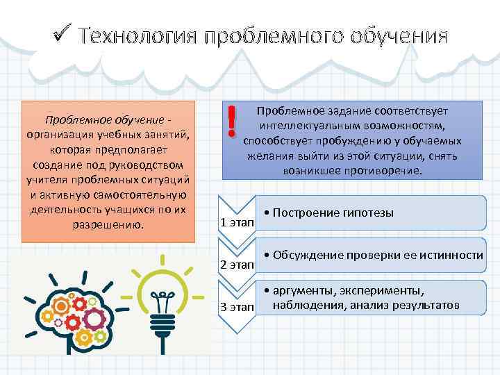 ü Технология проблемного обучения Проблемное обучение организация учебных занятий, которая предполагает создание под руководством