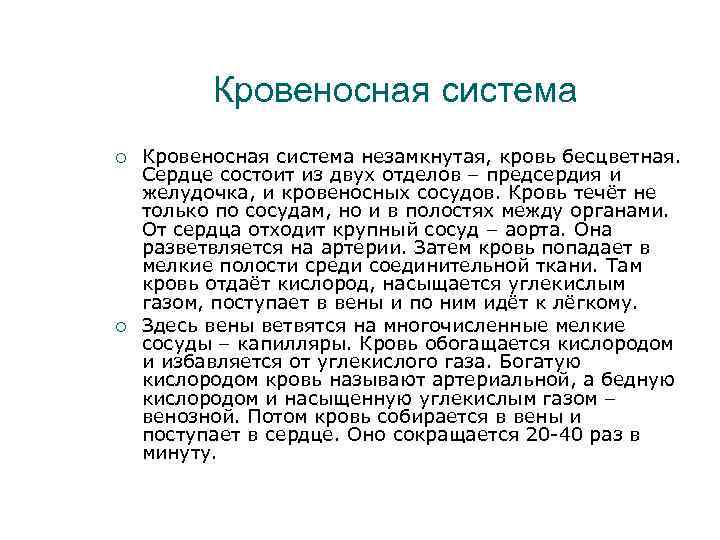 Кровеносная система незамкнутая, кровь бесцветная. Сердце состоит из двух отделов – предсердия и желудочка,