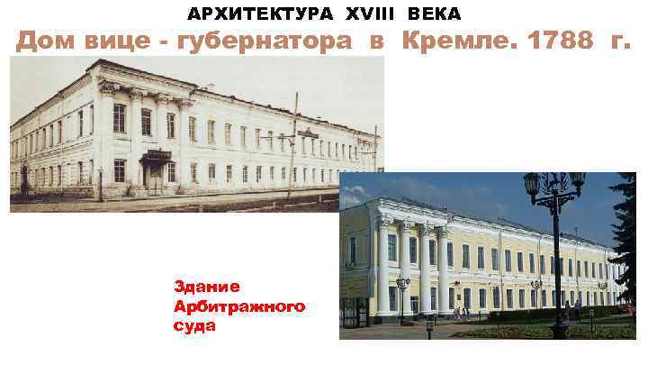 АРХИТЕКТУРА XVIII ВЕКА Дом вице - губернатора в Кремле. 1788 г. Здание Арбитражного суда