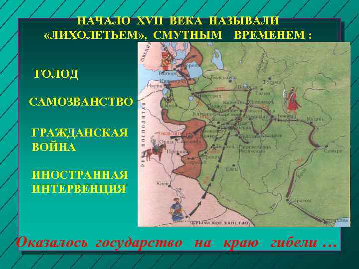 НАЧАЛО XVII ВЕКА НАЗЫВАЛИ «ЛИХОЛЕТЬЕМ» , СМУТНЫМ ВРЕМЕНЕМ : ГОЛОД САМОЗВАНСТВО ГРАЖДАНСКАЯ ВОЙНА ИНОСТРАННАЯ