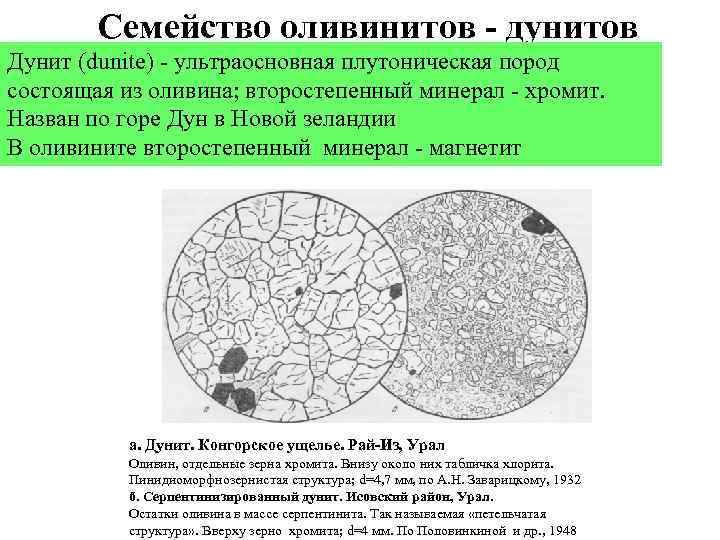 Семейство оливинитов - дунитов Дунит (dunite) - ультраосновная плутоническая пород состоящая из оливина; второстепенный