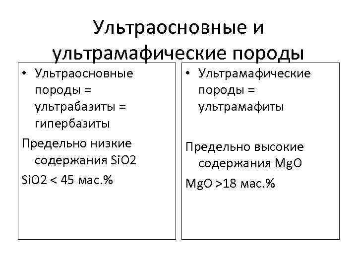 Ультраосновные и ультрамафические породы • Ультраосновные породы = ультрабазиты = гипербазиты Предельно низкие содержания