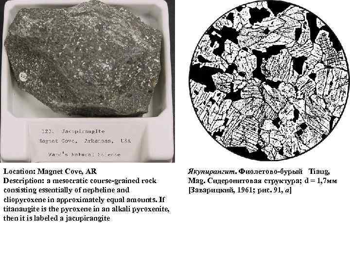 Location: Magnet Cove, AR Description: a mesocratic course grained rock consisting essentially of nepheline
