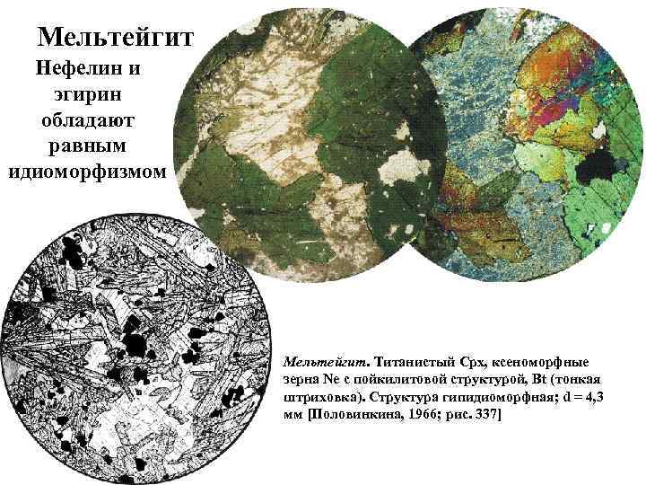 Мельтейгит Нефелин и эгирин обладают равным идиоморфизмом Мельтейгит. Титанистый Cpx, ксеноморфные зерна Ne с