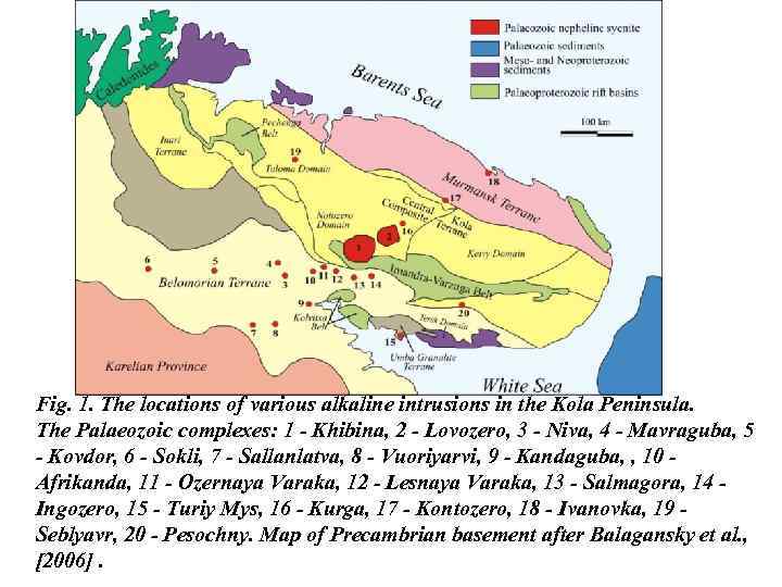 Fig. 1. The locations of various alkaline intrusions in the Kola Peninsula. The Palaeozoic