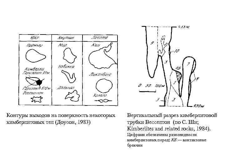 Контуры выходов на поверхность некоторых кимберлитовых тел (Доусон, 1983) Вертикальный разрез кимберлитовой трубки Весселтон