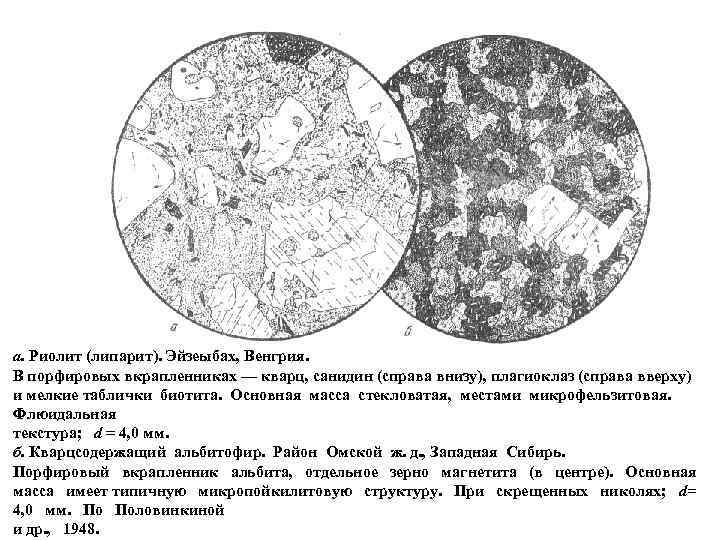 а. Риолит (липарит). Эйзеыбах, Венгрия. В порфировых вкрапленниках — кварц, санидин (справа внизу), плагиоклаз