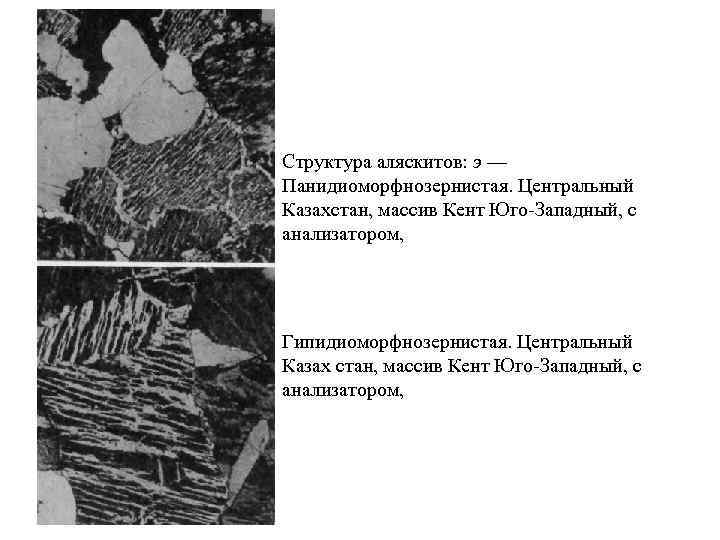 Структура аляскитов: э — Панидиоморфнозернистая. Центральный Казахстан, массив Кент Юго Западный, с анализатором, Гипидиоморфнозернистая.